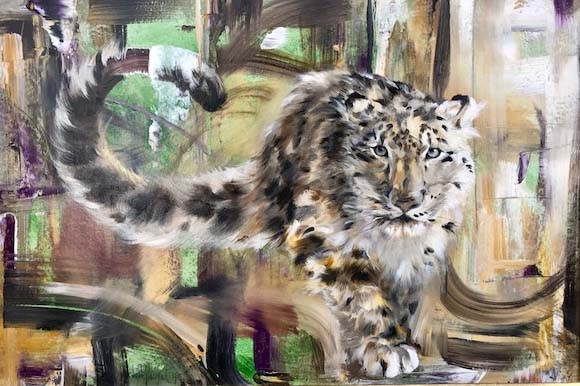 Snow Leopard Oil on Board Image 24 x 30 inches Framed Original