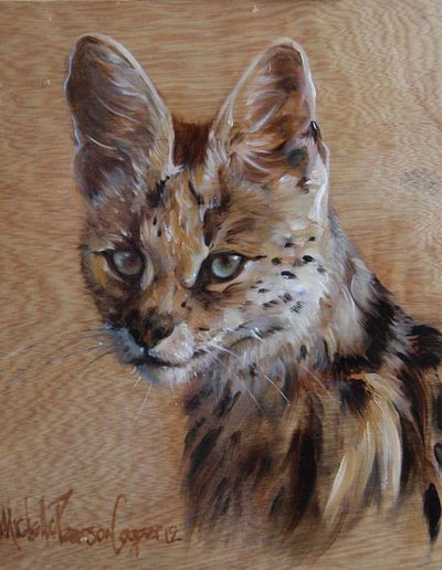 Portrait of Serval Wild Cat Oil on Wood Panel